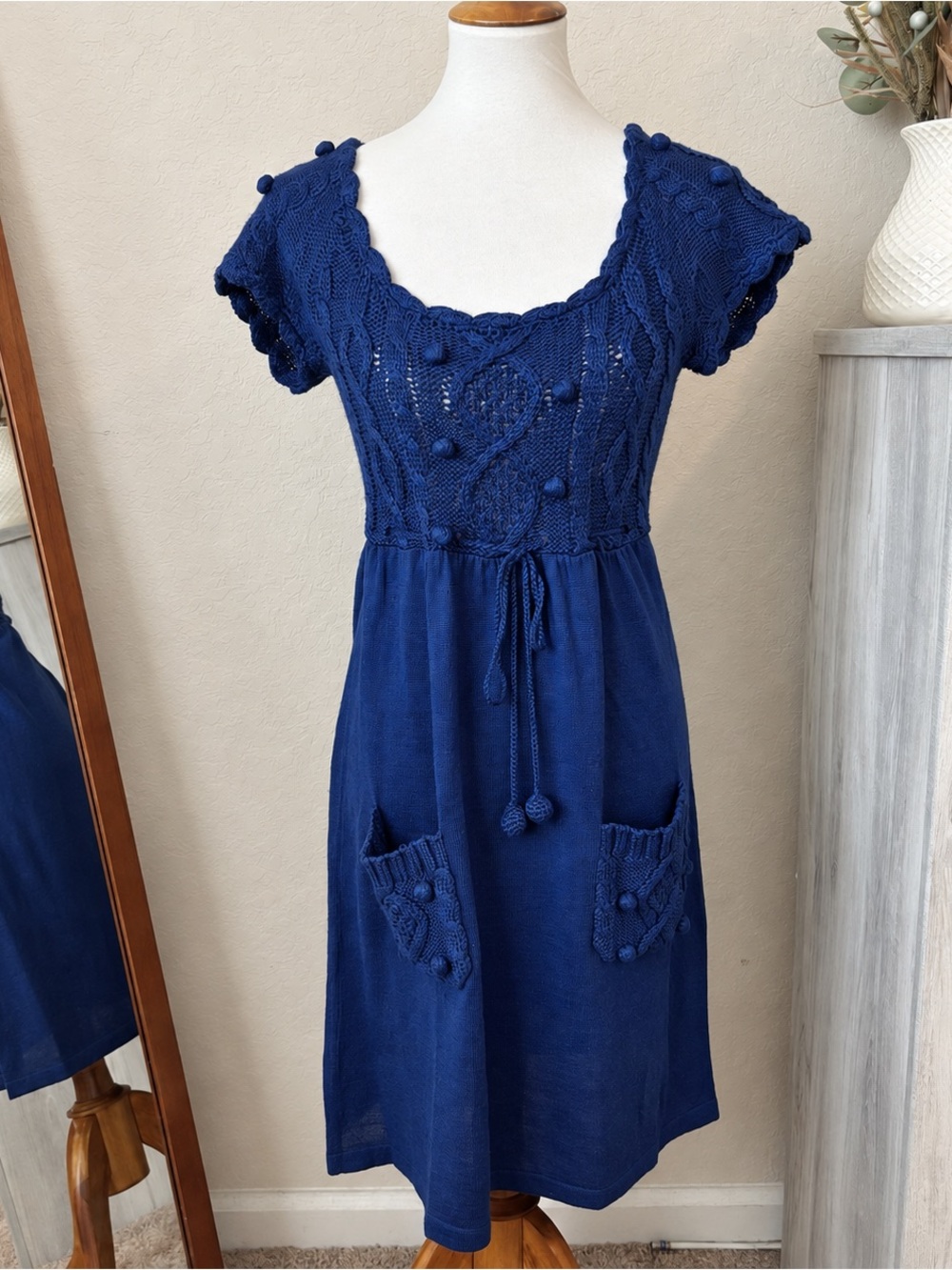 Derhy Vintage Royal Blue Knit Short Sleeve Sweater Pom Pom Midi Dress Y2K Small